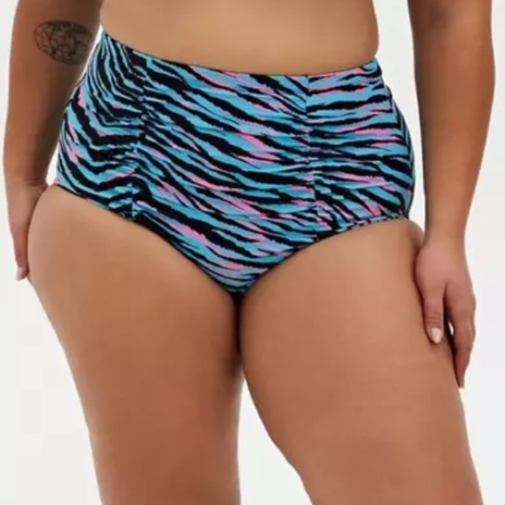 Torrid Ruched Blue and Pink Zebra Print High-Waisted Bikini Bottoms - NWOT